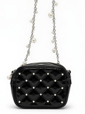 WHBM Black Patent Quilted Pearl Mini Crossbody Bag Chain Strap